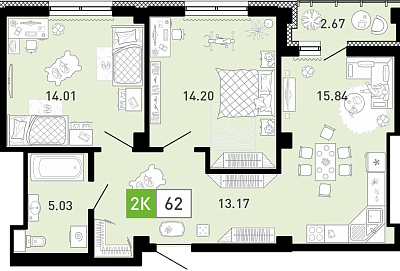 Планировка: Евротрешка 61.7 м² в ЖК Пятый квартал, Ново-Патрушево