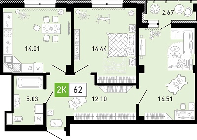 Планировка: Евротрешка 62.3 м² в ЖК Пятый квартал, Ново-Патрушево