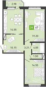 Планировка: Евротрешка 67.6 м² в ЖК Пятый квартал, Ново-Патрушево