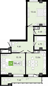 Планировка: Евротрешка 58.9 м² в ЖК Пятый квартал, Ново-Патрушево