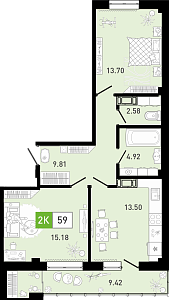 Планировка: Евротрешка 60 м² в ЖК Ново Комарово, Ново-Комарово