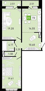 Планировка: Евротрешка 72.9 м² в ЖК Ново Комарово, Ново-Комарово