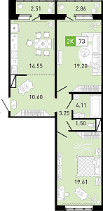 Планировка: Евротрешка 72.9 м² в ЖК Ново Комарово, Ново-Комарово