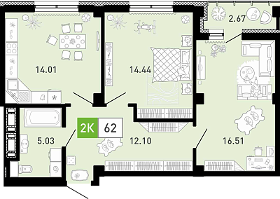 Планировка: Евротрешка 62.3 м² в ЖК Пятый квартал, Ново-Патрушево