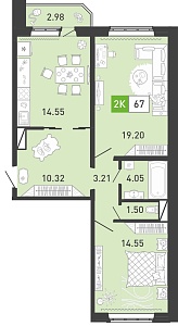 Планировка: Евротрешка 67.5 м² в ЖК Ново Комарово, Ново-Комарово