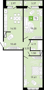 Планировка: Евротрешка 72.5 м² в ЖК Ново Комарово, Ново-Комарово