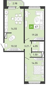 Планировка: Евротрешка 67.5 м² в ЖК Ново Комарово, Ново-Комарово