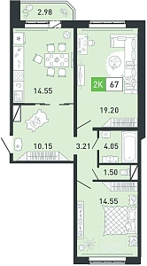 Планировка: Евротрешка 67.4 м² в ЖК Ново Комарово, Ново-Комарово