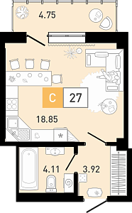 Планировка: Студия 27.2 м² в ЖК Ново Комарово, Ново-Комарово