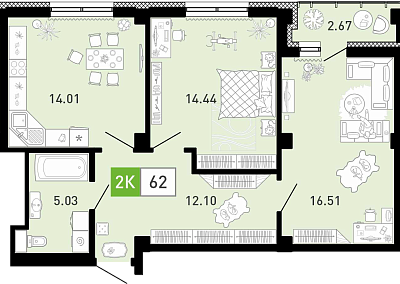Планировка: Евротрешка 62.4 м² в ЖК Пятый квартал, Ново-Патрушево