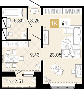 Планировка: 1-комнатная 40.8 м² в ЖК Ново Комарово, Ново-Комарово