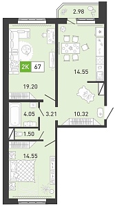 Планировка: Евротрешка 67.4 м² в ЖК Ново Комарово, Ново-Комарово