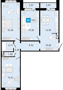 Планировка: 4-комнатная евро 103.3 м² в ЖК Ново Комарово, Ново-Комарово
