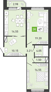Планировка: Евротрешка 67.8 м² в ЖК Пятый квартал, Ново-Патрушево