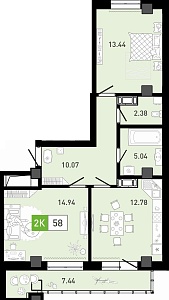 Планировка: 2-комнатная 58.7 м² в ЖК Ново Комарово, Ново-Комарово