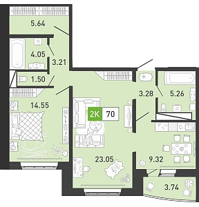 Планировка: Евродвушка 70.1 м² в ЖК Ново Комарово, Ново-Комарово