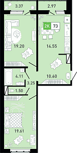 Планировка: Евротрешка 72.9 м² в ЖК Ново Комарово, Ново-Комарово