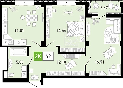 Планировка: Евротрешка 62.1 м² в ЖК Пятый квартал, Ново-Патрушево