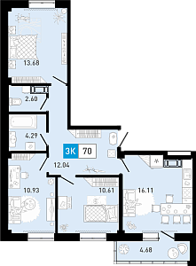 Планировка: 4-комнатная евро 70.2 м² в ЖК Ново Комарово, Ново-Комарово