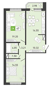 Планировка: Евротрешка 67.4 м² в ЖК Ново Комарово, Ново-Комарово