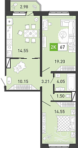 Планировка: Евротрешка 67.6 м² в ЖК Пятый квартал, Ново-Патрушево