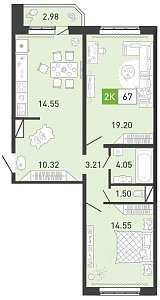 Планировка: Евротрешка 68.1 м² в ЖК Ново Комарово, Ново-Комарово