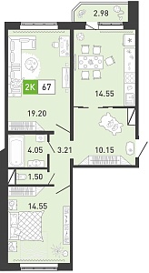 Планировка: Евротрешка 67.4 м² в ЖК Ново Комарово, Ново-Комарово