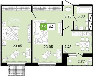 Планировка: Евродвушка 64.3 м² в ЖК Ново Комарово, Ново-Комарово