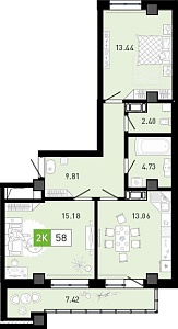 Планировка: Евротрешка 58.7 м² в ЖК Пятый квартал, Ново-Патрушево