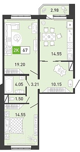 Планировка: Евротрешка 68 м² в ЖК Ново Комарово, Ново-Комарово