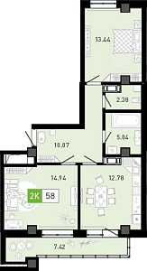 Планировка: 2-комнатная 58.5 м² в ЖК Пятый квартал, Ново-Патрушево