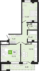 Планировка: Евротрешка 58.9 м² в ЖК Ново Комарово, Ново-Комарово