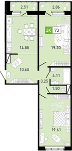 Планировка: Евротрешка 73.2 м² в ЖК Пятый квартал, Ново-Патрушево
