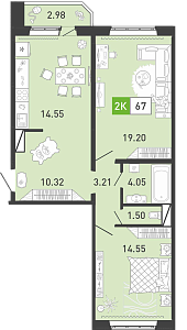Планировка: Евротрешка 67.6 м² в ЖК Пятый квартал, Ново-Патрушево