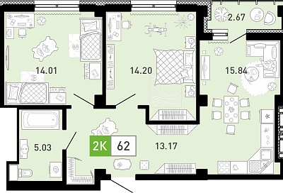 Планировка: Евротрешка 61.6 м² в ЖК Пятый квартал, Ново-Патрушево