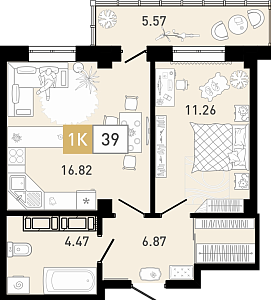 Планировка: Евродвушка 39.7 м² в ЖК Ново Комарово, Ново-Комарово