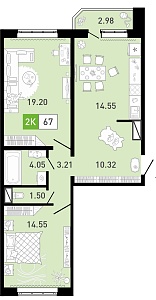 Планировка: Евротрешка 67.8 м² в ЖК Ново Комарово, Ново-Комарово