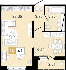 Планировка: 1-комнатная 41.1 м² в ЖК Ново Комарово, Ново-Комарово