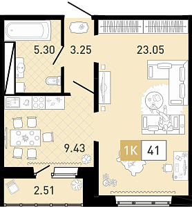 Планировка: 1-комнатная 41.1 м² в ЖК Ново Комарово, Ново-Комарово