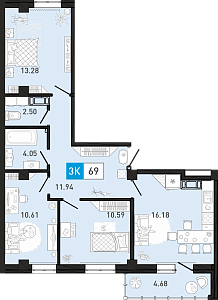 Планировка: 4-комнатная евро 69.5 м² в ЖК Ново Комарово, Ново-Комарово
