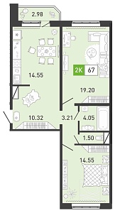 Планировка: Евротрешка 67.7 м² в ЖК Ново Комарово, Ново-Комарово