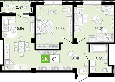 Планировка: Евротрешка 61.8 м² в ЖК Пятый квартал, Ново-Патрушево