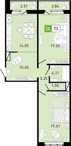 Планировка: Евротрешка 73.1 м² в ЖК Пятый квартал, Ново-Патрушево