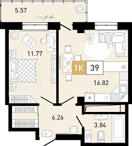 Планировка: Евродвушка 38.6 м² в ЖК Ново Комарово, Ново-Комарово