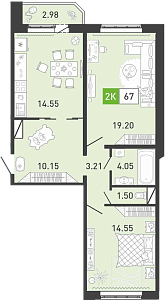 Планировка: Евротрешка 67.7 м² в ЖК Пятый квартал, Ново-Патрушево