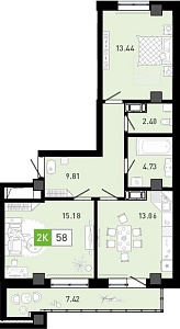 Планировка: Евротрешка 58.7 м² в ЖК Пятый квартал, Ново-Патрушево