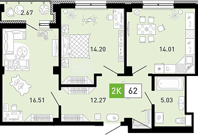 Планировка: Евротрешка 62.2 м² в ЖК Пятый квартал, Ново-Патрушево