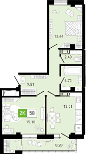 Планировка: Евротрешка 59 м² в ЖК Ново Комарово, Ново-Комарово