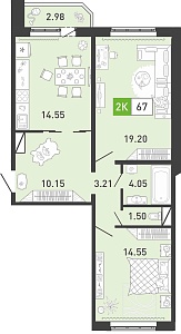 Планировка: Евротрешка 67.4 м² в ЖК Ново Комарово, Ново-Комарово