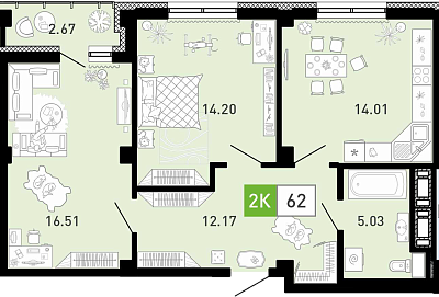 Планировка: Евротрешка 62.2 м² в ЖК Пятый квартал, Ново-Патрушево